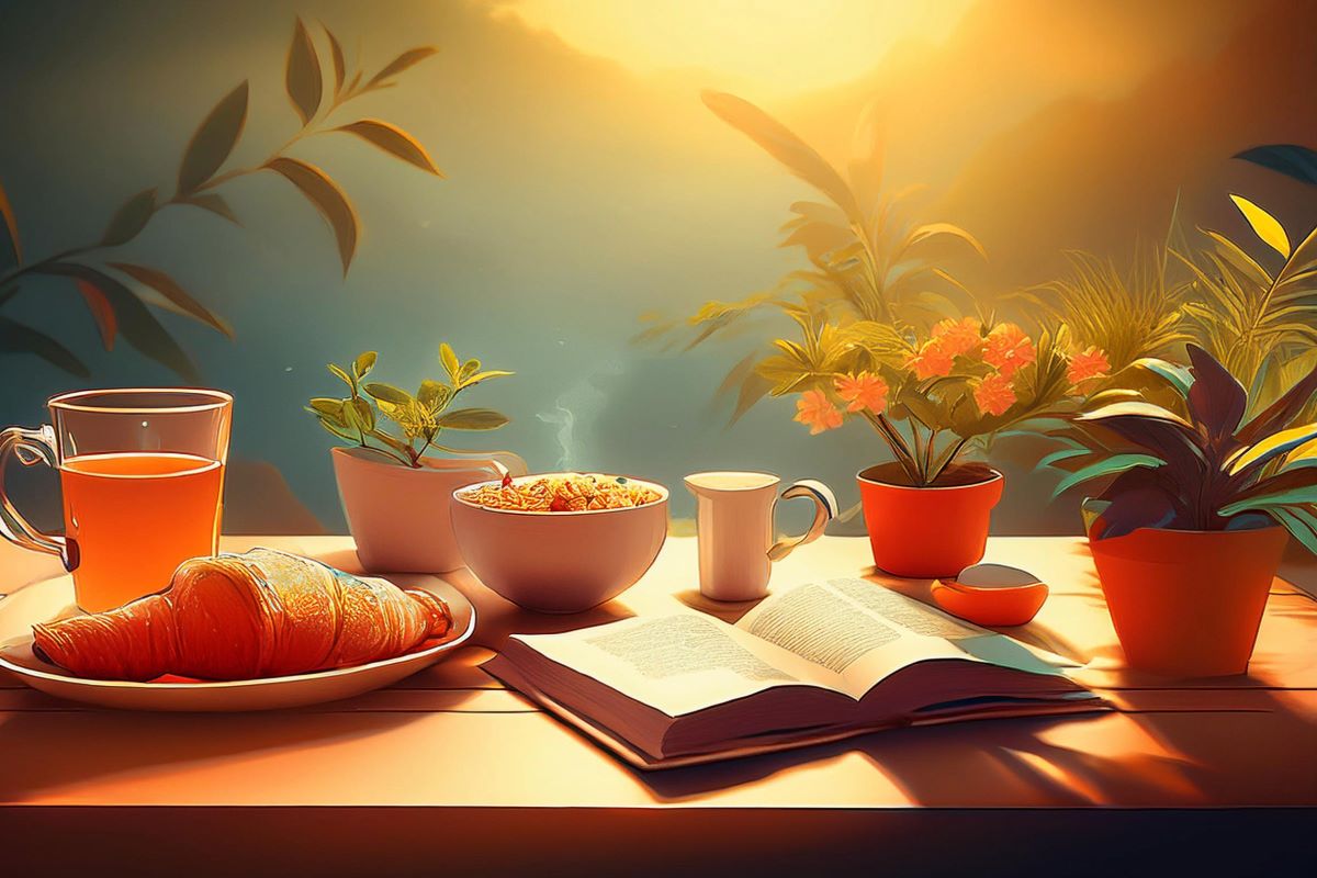 Un desayuno relajante con un croissant, jugo, café y un tazón de cereal, junto a plantas y flores frescas en una mesa al aire libre al amanecer. Un libro abierto invita a disfrutar de una tranquila mañana de lectura.