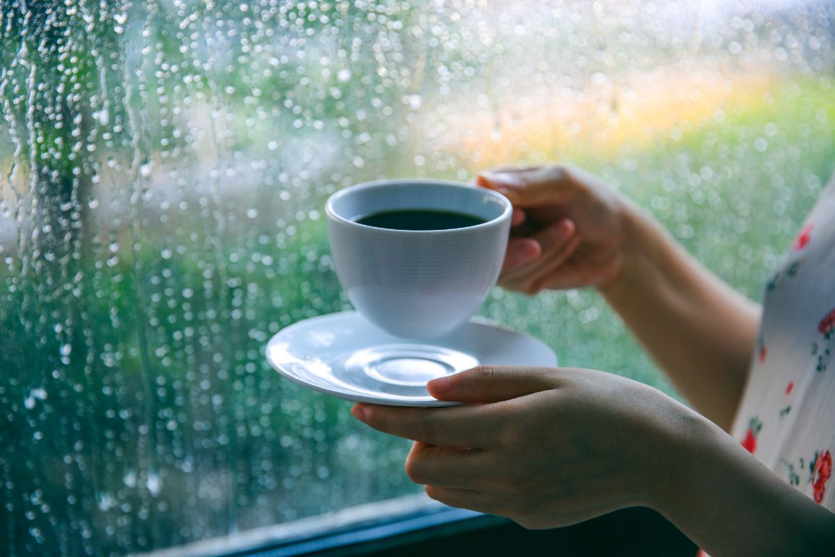 Las manos de una mujer sujetando una taza de café delante de una ventana en un día lluvioso.