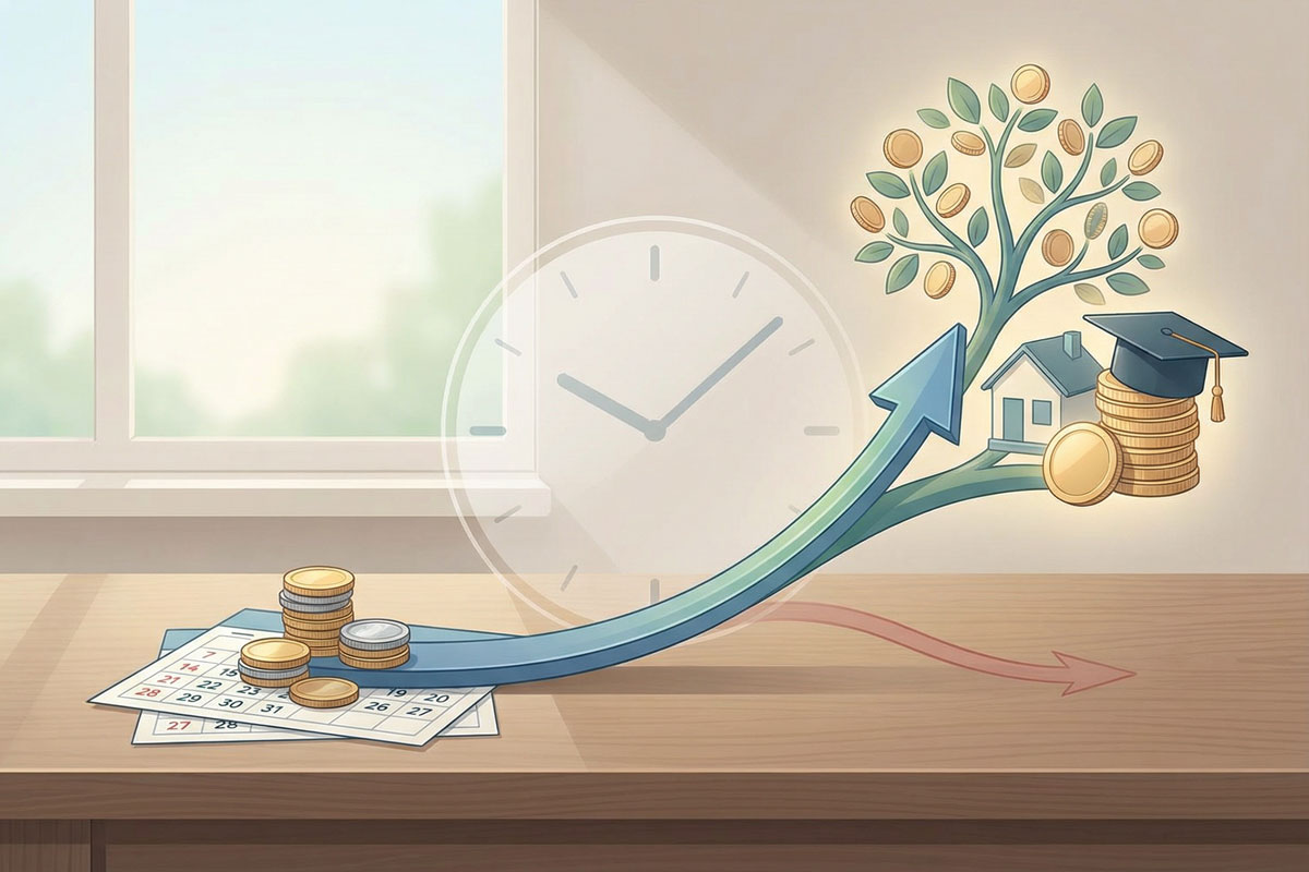 interés compuesto - Prueba Esto Hoy Imagen conceptual de pequeñas cantidades de dinero que aumentan gradualmente hasta convertirse en un ahorro mayor, mostrando el efecto del interés compuesto a lo largo del tiempo.