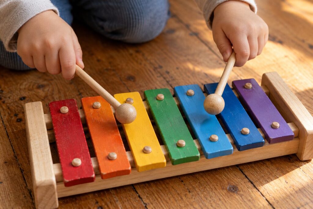 Manos de un niño pequeño tocando un xilófono de madera de colores.