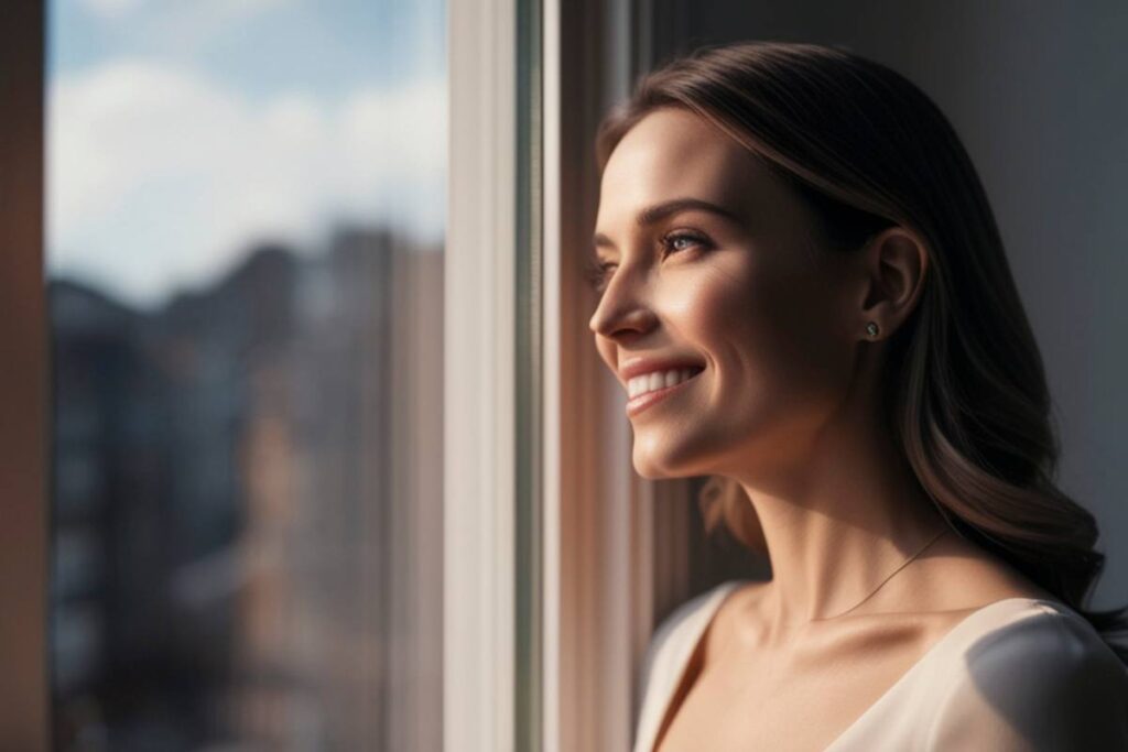 Mujer sonriendo mirando por una ventana con luz de mañana, sensación de calma y resolución.