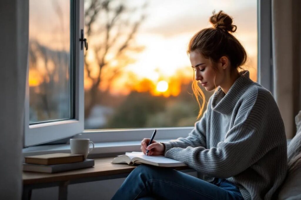 Una persona está escribiendo en un diario junto a una ventana, mientras el amanecer ilumina la habitación con tonos cálidos. Este momento evoca una sensación de esperanza y superación, reflejando la importancia de seguir adelante a pesar de los desafíos de la vida.