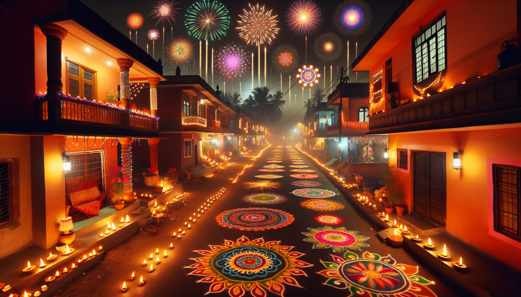 Calle decorada para Diwali con fuegos artificiales en el horizonte.