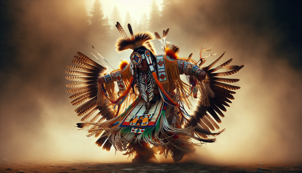Un hombre vestido al estilo tradicional de los nativos americanos celebrando un pow-wow.