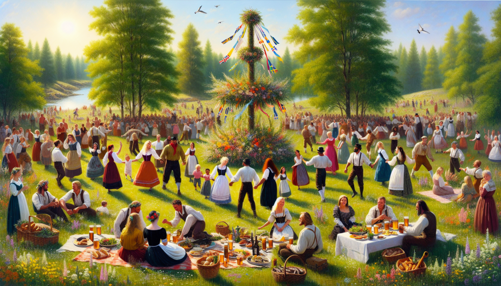 Un grupo de gente celebrando Midsommar, el solsticio de verano, en Suecia.