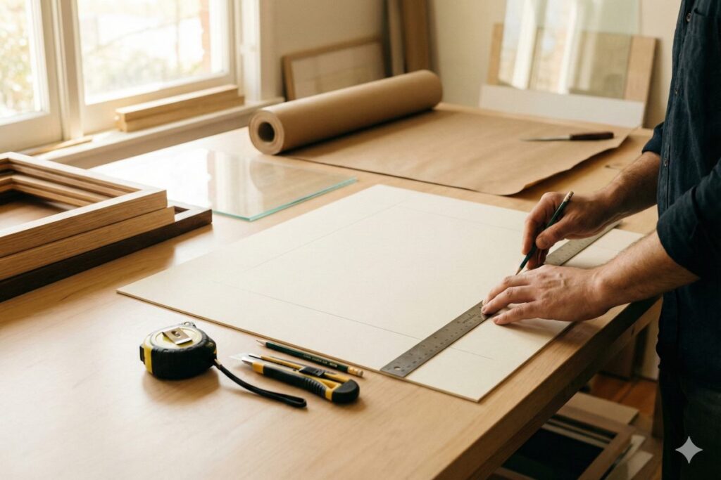 preparación para enmarcar - Prueba Esto Hoy Espacio de trabajo con una mesa de madera limpia y herramientas ordenadas. Se ven las manos de una persona midiendo cuidadosamente un trozo de cartón con la regla, marcando líneas precisas con el lápiz. Cerca, una pila de marcos de madera.