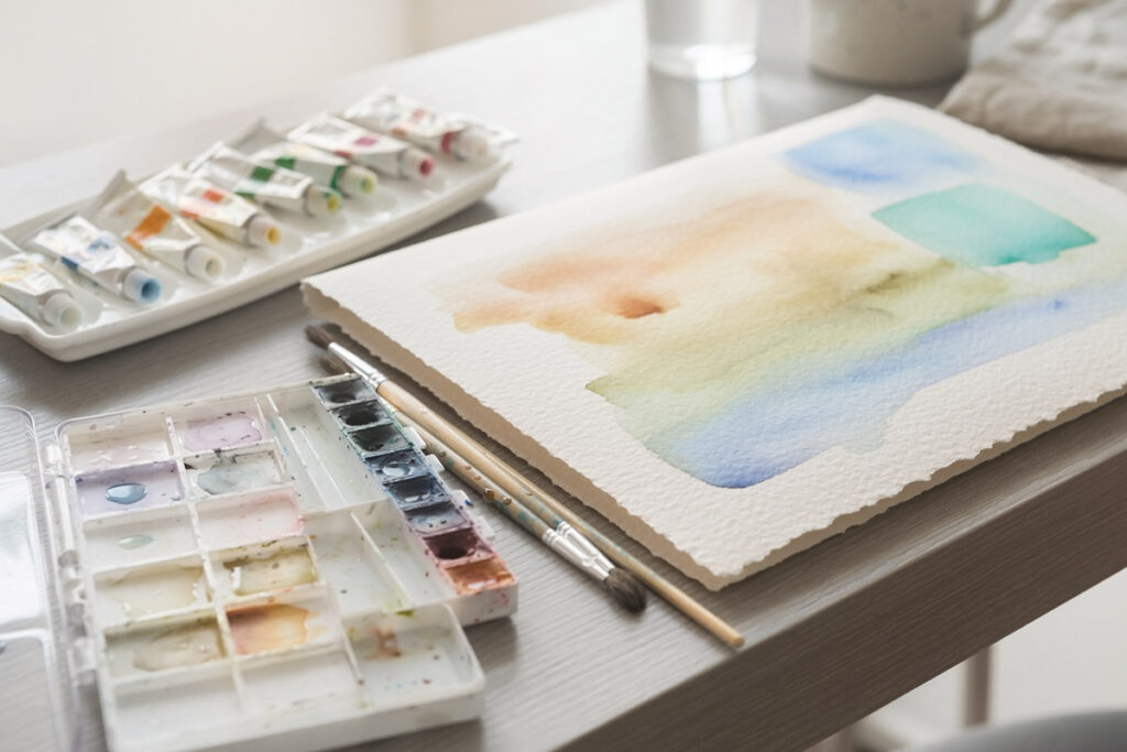 Un escritorio artístico con acuarelas en tubo y en pastilla, pinceles suaves húmedos, papel de acuarela prensado en frío con lavados de color translúcidos y una pequeña zona pintada con gouache opaco mate. Imagen sintética.
