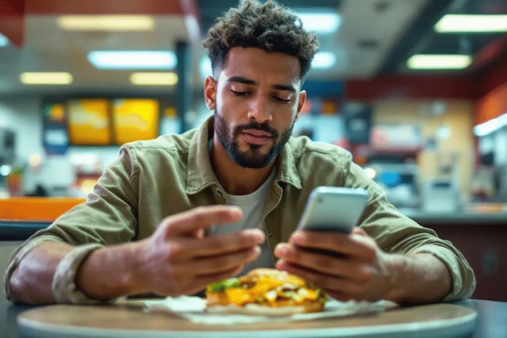 comer y mirar al móvil es un hábito poco saludable - Prueba Esto Hoy Una persona está comiendo comida rápida mientras utiliza su teléfono móvil, lo que refleja hábitos poco saludables que pueden afectar la salud física y mental. Este tipo de conducta puede aumentar el riesgo de problemas como el sobrepeso y la inflamación en el organismo.