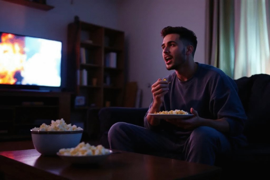 comer con la televisión es un hábito poco saludable - Prueba Esto Hoy Una persona está comiendo frente al televisor por la noche, rodeada de alimentos poco saludables, lo que puede contribuir a malos hábitos alimenticios y afectar su salud física y mental. Este tipo de conducta puede aumentar el riesgo de problemas como el sobrepeso y la diabetes.