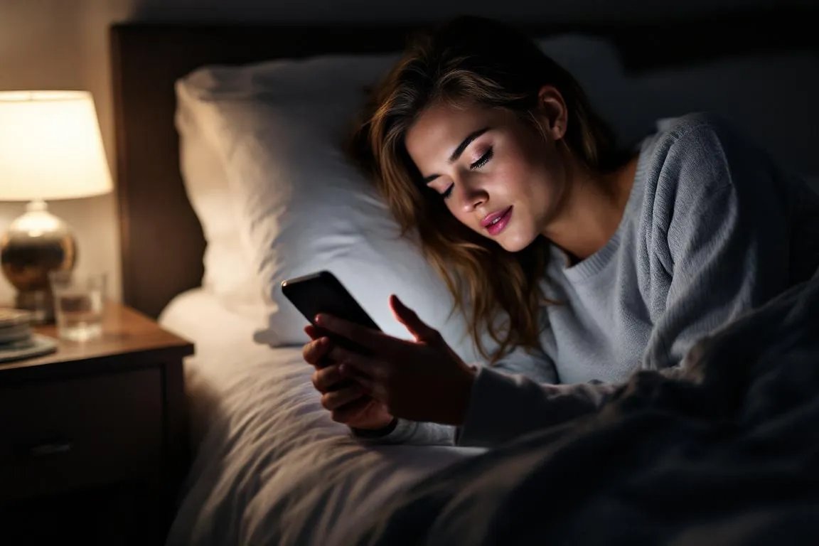 Una persona está acostada en la cama, utilizando su teléfono móvil durante la noche, lo que puede reflejar hábitos poco saludables que afectan la salud mental y física. Esta práctica puede contribuir a problemas de sueño y estrés, impactando negativamente en el bienestar general.