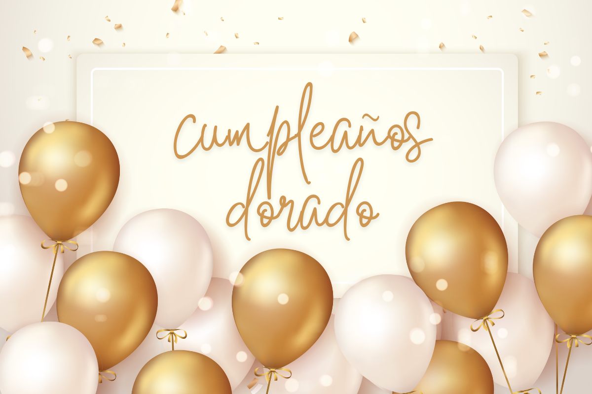 Globos blancos y dorados para celebrar un cumpleaños dorado.