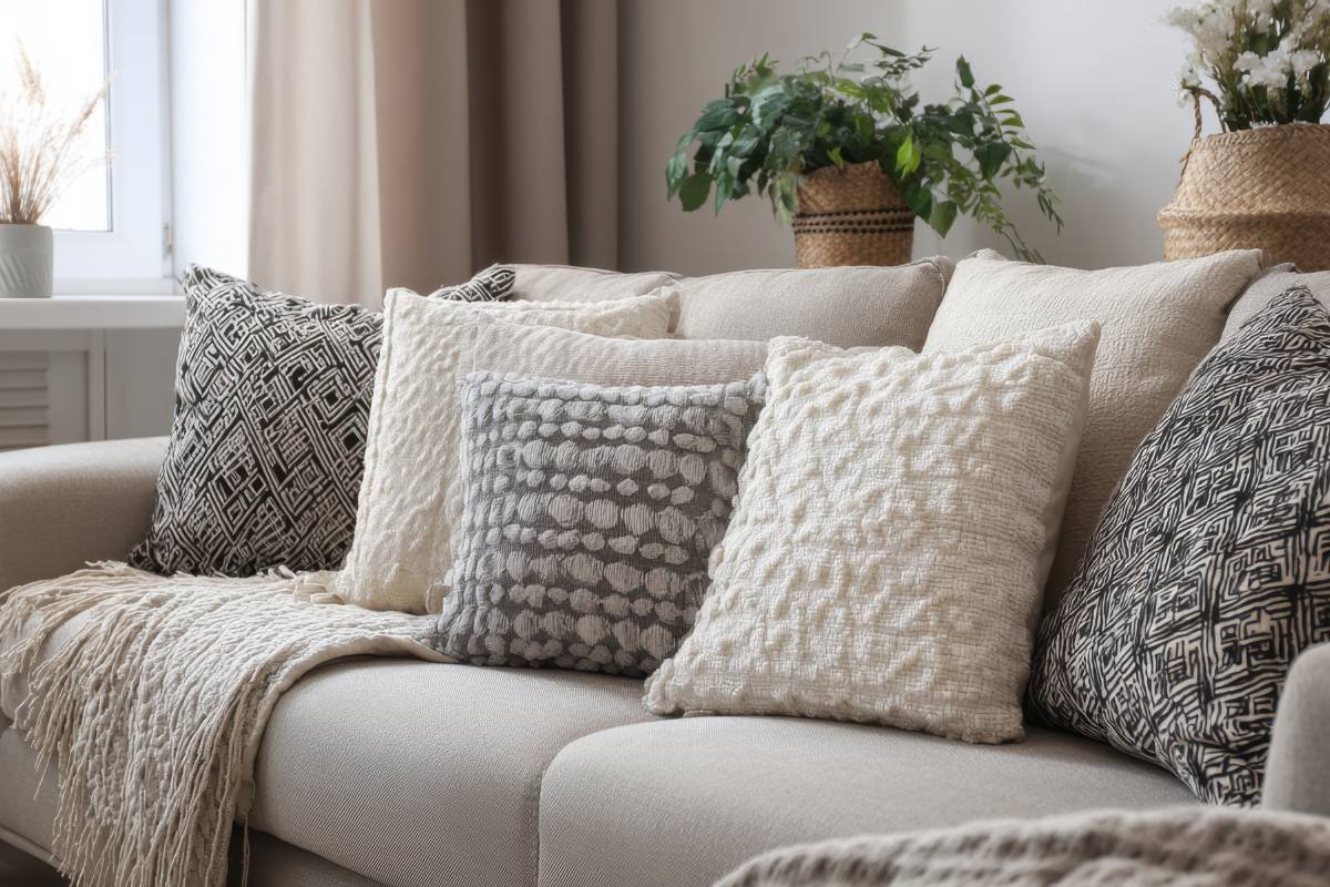 Un sofá de color claro con almohades en tonos grises y cremas y una manta, todo ordenado.