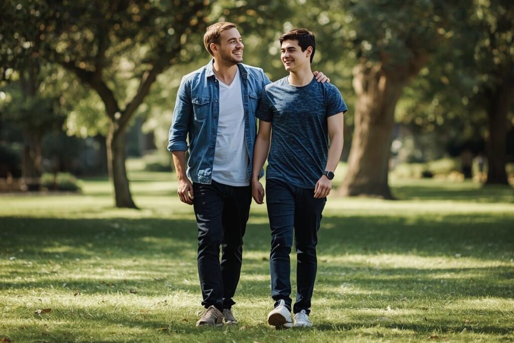 padre e hijo adolescente - Prueba Esto Hoy Un padre camina por un parque con su hijo adolescente. Ambos tienen cara de buen humor y risas.