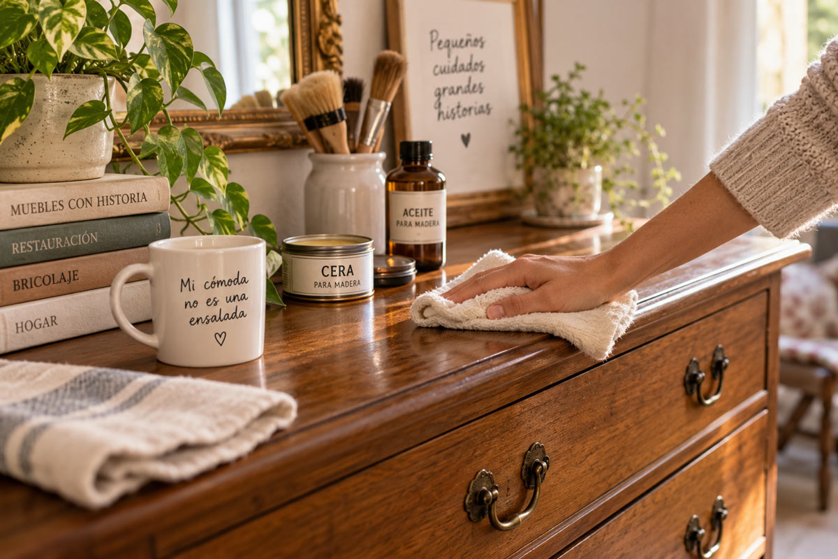 Mano puliendo con un paño la superficie de una cómoda antigua de madera, junto a cera, aceite para madera, brochas y libros de restauración.