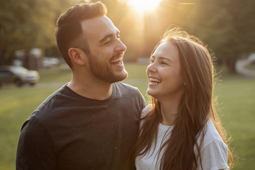Texto alternativo en español: Un padre y su hija adolescente sonríen y se miran con cariño mientras disfrutan de una tarde soleada en un parque, con el sol poniéndose detrás de ellos y creando un ambiente cálido y natural.