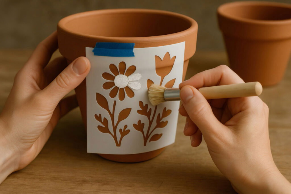 Decorando una maceta con la técnica de estarcido.