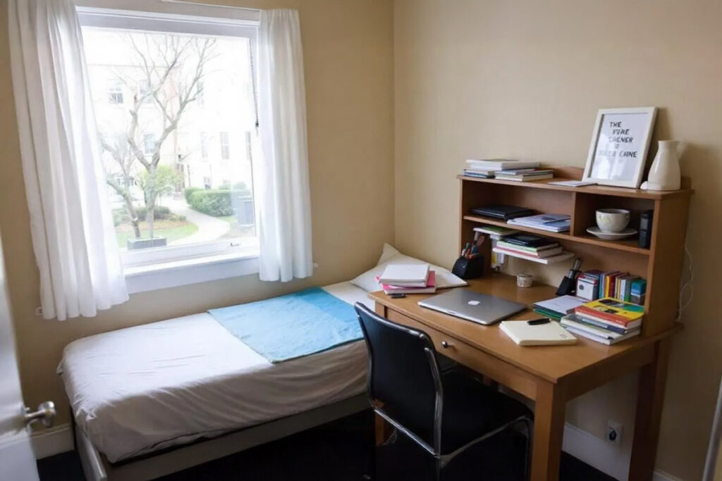 Una habitación típica de residencia universitaria muestra un espacio acogedor con una cama, un escritorio y un área de estudio personalizada, ideal para estudiantes que buscan un ambiente propicio para sus estudios en un colegio mayor. Este lugar combina comodidad y funcionalidad, ofreciendo un hogar temporal para universitarios en su camino académico.