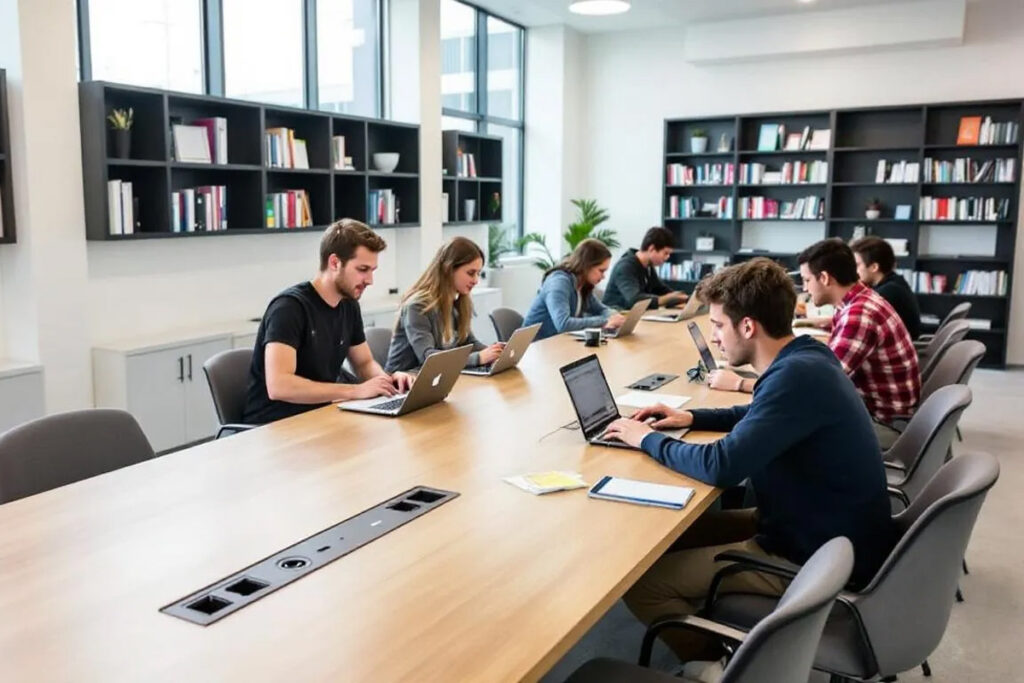 En la imagen, un grupo de estudiantes está concentrado en sus estudios dentro de una moderna sala de estudio común de una residencia universitaria, rodeados de mesas y sillas cómodas que fomentan un ambiente colaborativo y productivo. Este espacio en el colegio mayor está diseñado para facilitar el aprendizaje y la interacción entre los universitarios.