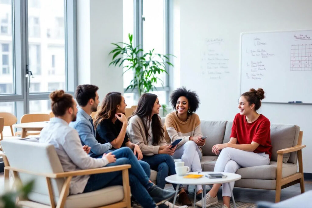 En la imagen, un grupo de estudiantes internacionales se reúne en el área común de una residencia universitaria, compartiendo risas y conversaciones en un ambiente acogedor. Este espacio de socialización en el colegio mayor refleja la diversidad cultural y la comunidad que se forma entre los estudiantes que viven en este alojamiento.