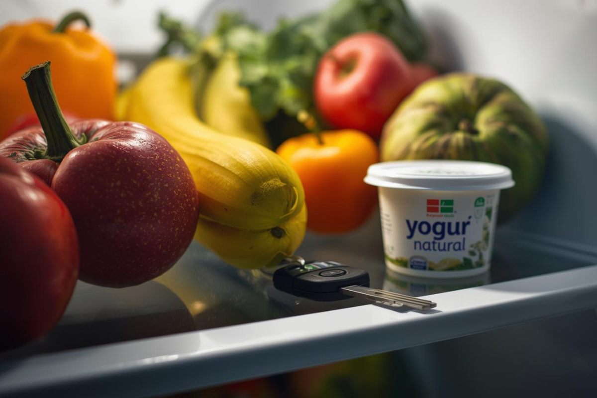 llave del coche en la nevera - Prueba Esto Hoy Una nevera abierta con fruta y verduras en el estante, y la llave del coche al lado del yogur natural.