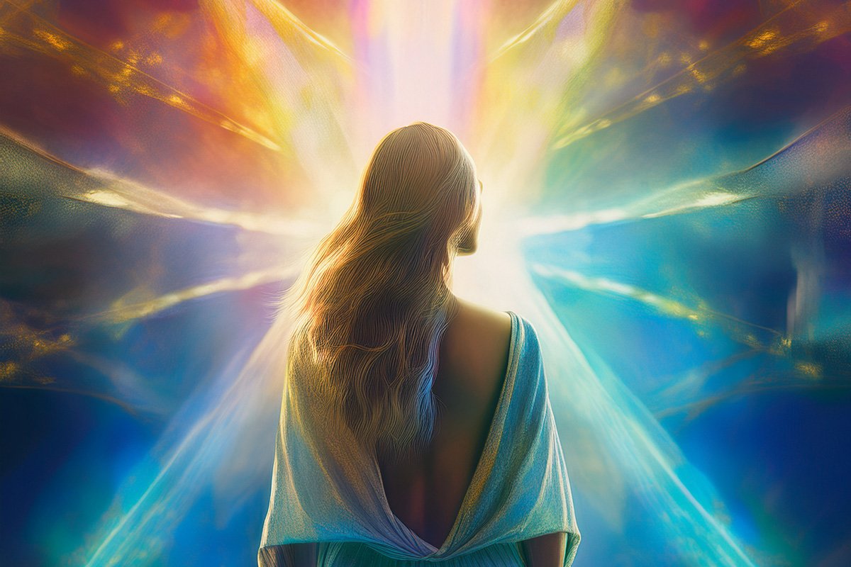 Una mujer mirando hacia un foco de luz brillante y lleno de color.