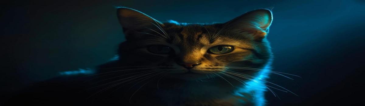 Un gato iluminado por una luz misteriosa, una luz suave y enigmática que lo ilumina parcialmente, creando un contraste dramático.
