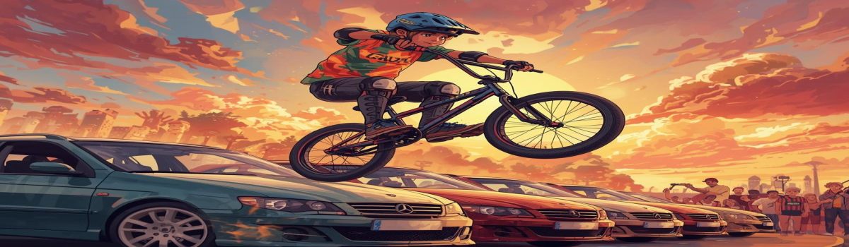 saltando en bicicleta - Prueba Esto Hoy Un niño saltando con su bicicleta sobre varios coches - representación por IA.