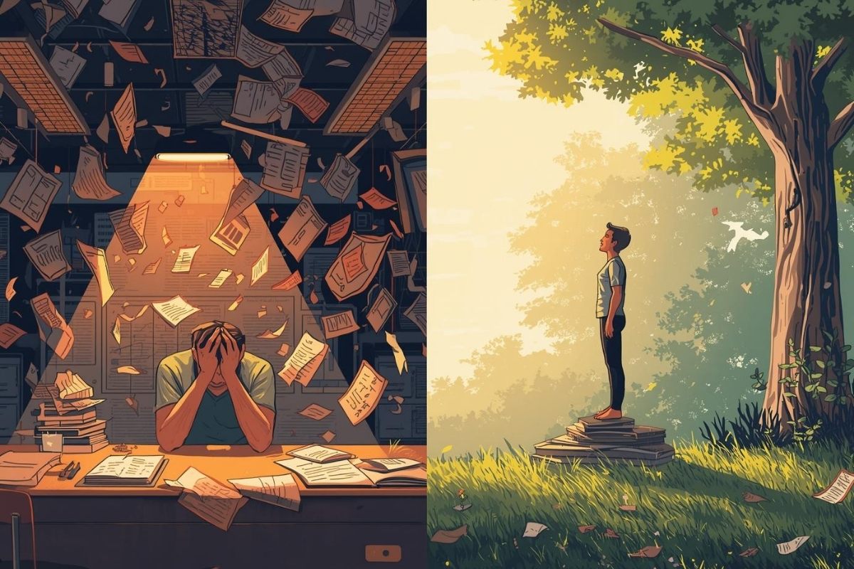 contraste visual de alto estrés y equilibrio mental - Prueba Esto Hoy A la izquierda, una persona en un entorno de oficina, agotada, con la cabeza entre las manos, rodeada de un torbellino de tareas. A la derecha, la misma persona en la naturaleza, en una postura de calma.