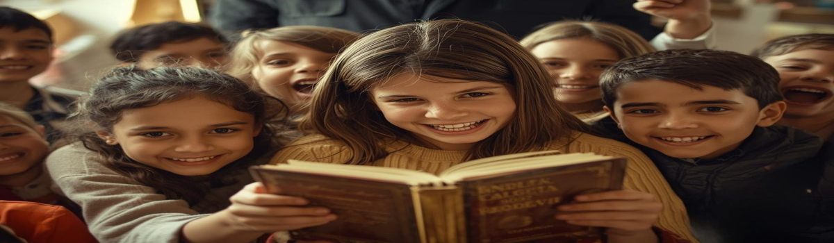 niños felices con un libro - Prueba Esto Hoy Un grupo de niños con cara de felicidad están mirando un libro.
