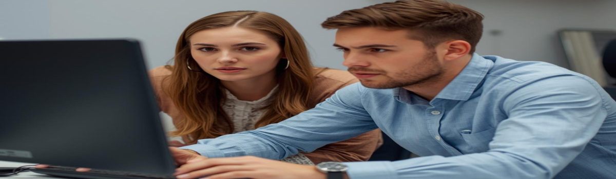 compañeros de trabajo - Prueba Esto Hoy Dos compañeros trabajando en un ordenador en la oficina.