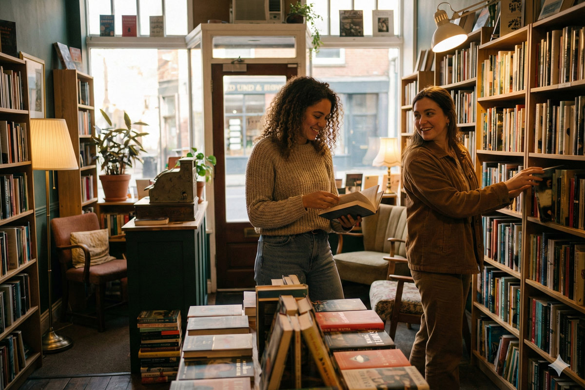 Dos mujeres jóvenes buscando libros en una librería.