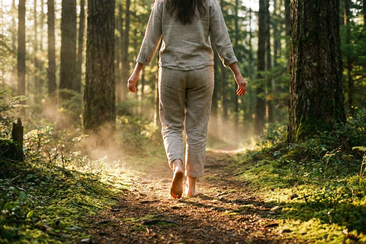 Una persona camina descalza por un sendero rodeado de árboles al amanecer, simbolizando la conexión con la naturaleza y la importancia del ejercicio para la salud mental y el bienestar.