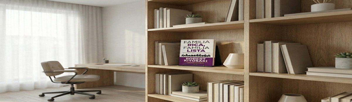 Una librería con el libro titulado Familia Rica, Familia Lista de Kiyosaki en uno de sus estates.