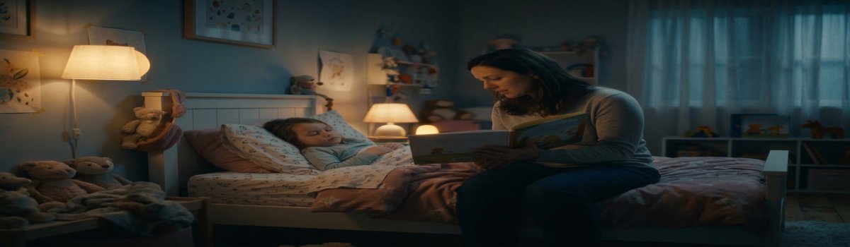 Una madre leyendo un cuento a su hija antes de dormir.