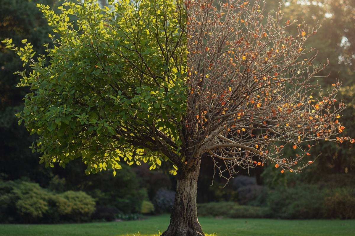 Un árbol simbólico partido: una mitad vibrante y verde, la otra vieja y desnuda, que representa la elección entre la vitalidad y la vejez.