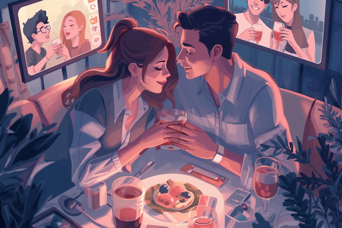 Una pareja enamorada chatea por video con otros amigos a través de las pantallas mientras comparten un momento íntimo juntos, combinando la conexión digital con la presencia física.