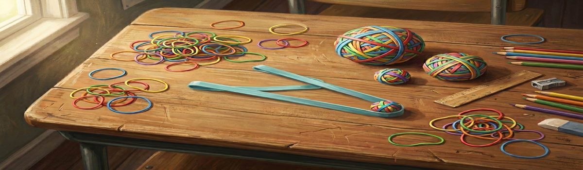 Un tirachinas y su munición hechos con gomas elásticas en el colegio - imagen sintética.