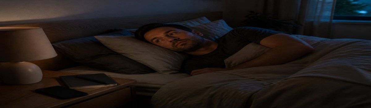 **Texto alternativo:** Imagen sintética de un hombre tumbado en la cama por la noche, despierto y pensativo tras apagar la luz. En la mesilla hay una lámpara apagada, un cuaderno y un teléfono móvil, mientras entra una tenue luz azulada por la ventana.