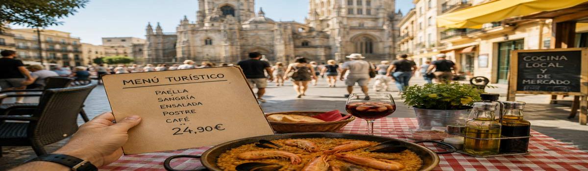 Una terraza de restaurante junto a una catedral, con una paella, una copa de sangría y un menú turístico en primer plano - imagen sintética.