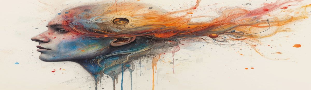 Retrato artístico de una mujer de perfil, con el rostro en tonos azules y rojos y una explosión de líneas, manchas y formas abstractas que surge de su cabeza - imagen generada por IA.