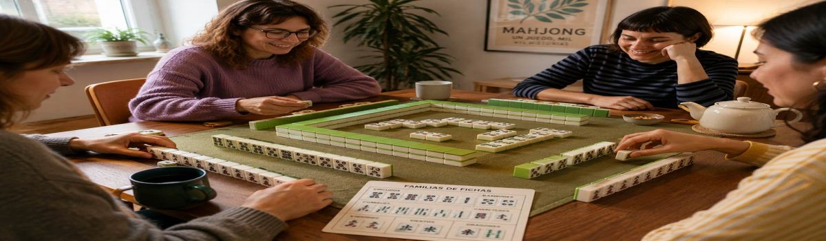Imagen sintética de cuatro personas jugando una partida de mahjong alrededor de una mesa, con las fichas organizadas en muros y una guía visual para principiantes.