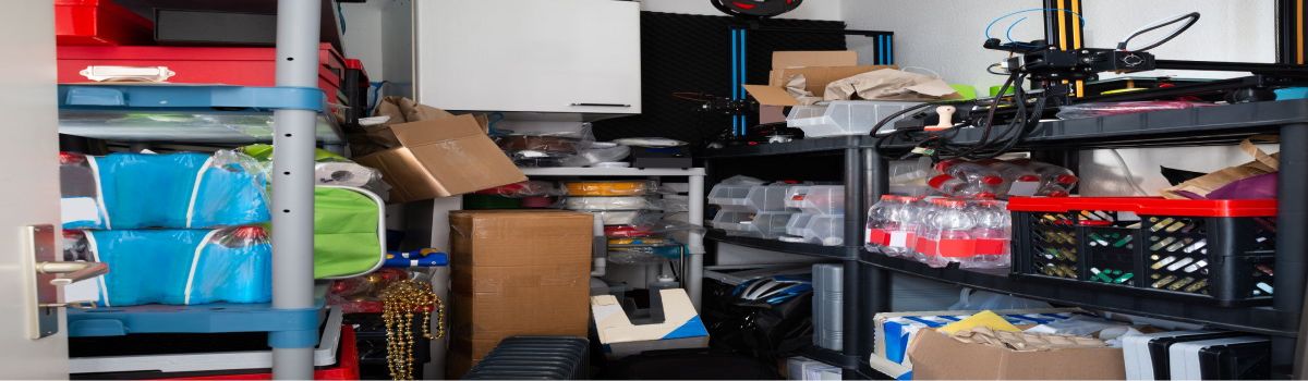Trastero doméstico con estanterías metálicas llenas de cajas, cestas de plástico, botellas y objetos guardados hasta el techo.