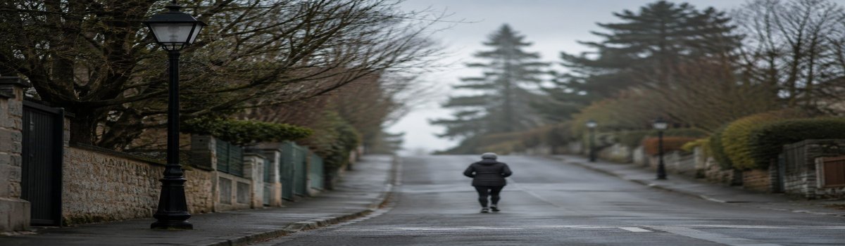 Persona mayor corriendo lentamente cuesta arriba por una tranquila calle residencial en una mañana gris, vista de espaldas entre árboles y farolas.