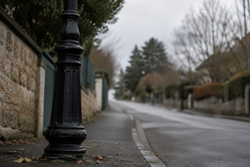 Farola negra algo desgastada junto a la acera de una calle residencial en pendiente, con hojas caídas y el fondo desenfocado bajo un cielo gris.