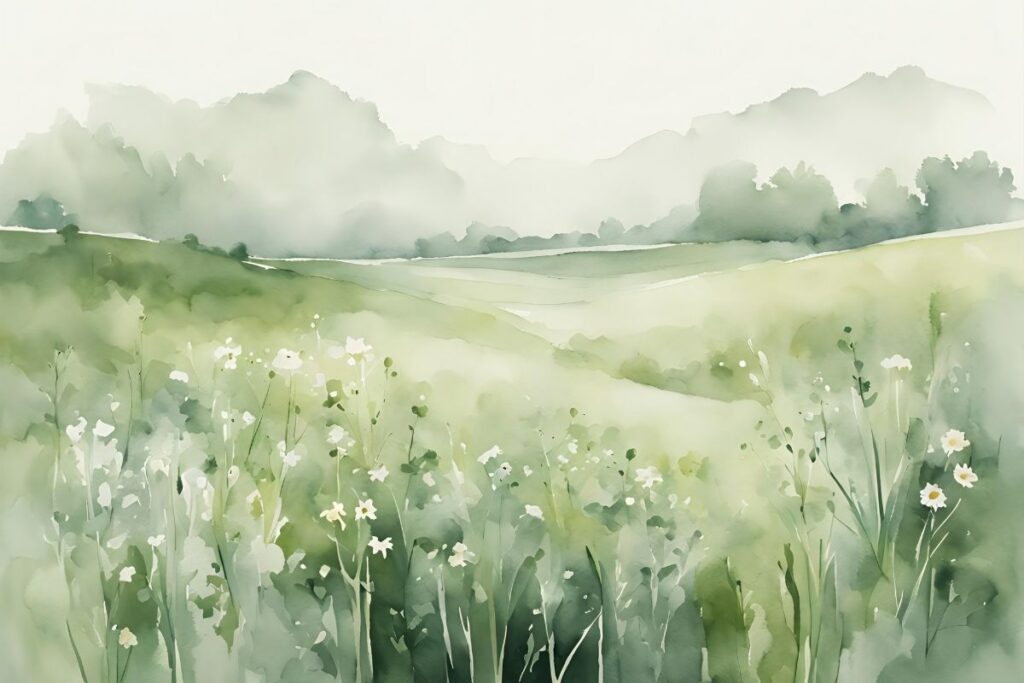 Paisaje a la acuarela de un prado verde con flores silvestres bajo un cielo algo oscuro.