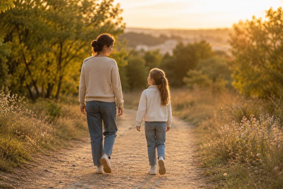 Madre e hija caminando juntas por un sendero al atardecer.