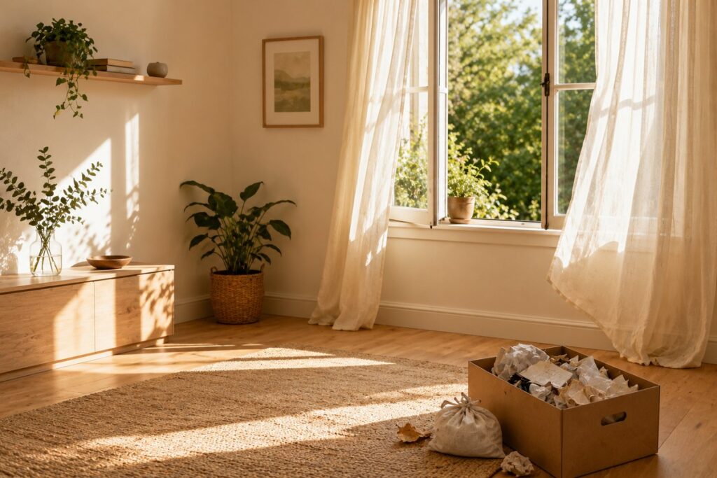 Habitación despejada con una ventana abierta, luz natural y una caja con papeles arrugados.