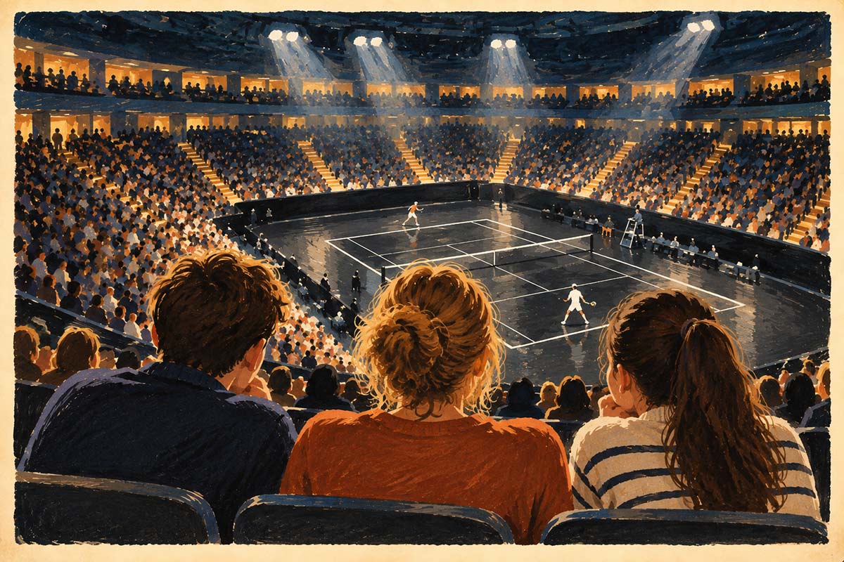 Ilustración de estilo postal antigua: desde lo alto de las gradas de un pabellón cubierto se ve una pista de tenis negra iluminada, con dos jugadores a lo lejos en pleno punto. En primer plano, tres personas de espaldas siguen el partido desde sus asientos: una mujer entre dos jóvenes.