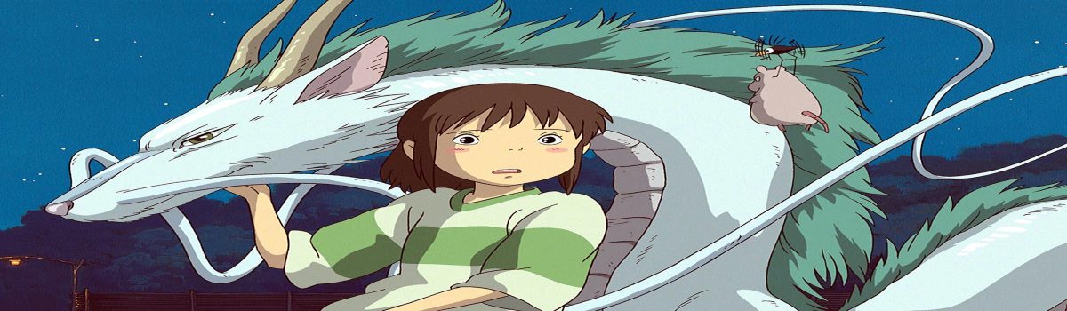 Chihiro junto al dragón Haku bajo un cielo nocturno, en una escena de El viaje de Chihiro.