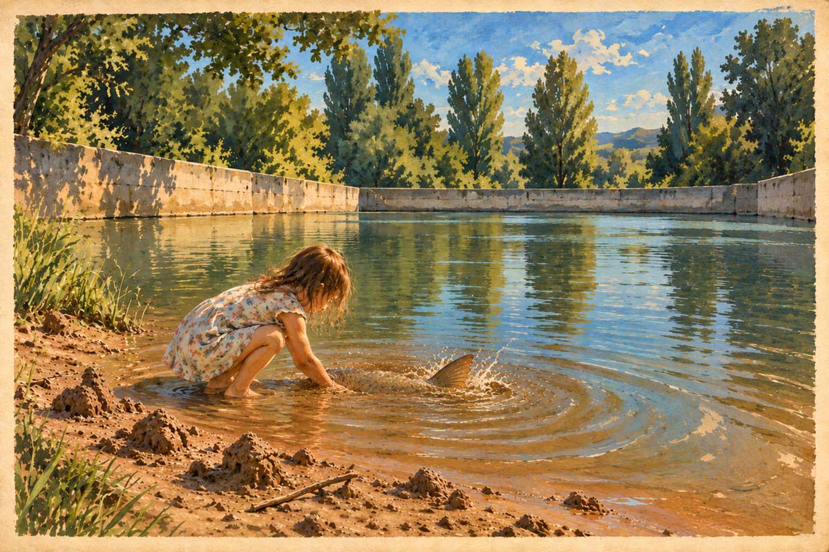 Ilustración de estilo postal antigua: un pequeño pantano rodeado de árboles, con tres muros de cemento y una orilla de barro. En la orilla, una niña de unos seis años, de espaldas, está agachada con los pies y las manos en el agua, y junto a sus manos asoma la cola de una carpa grande salpicando.